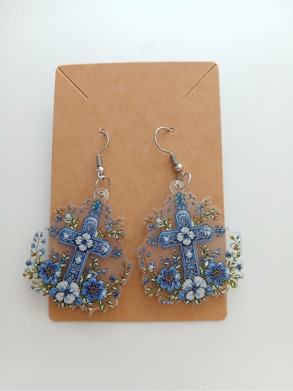 Fashion Jewelry Blue Floral Cross Dangle Earrings